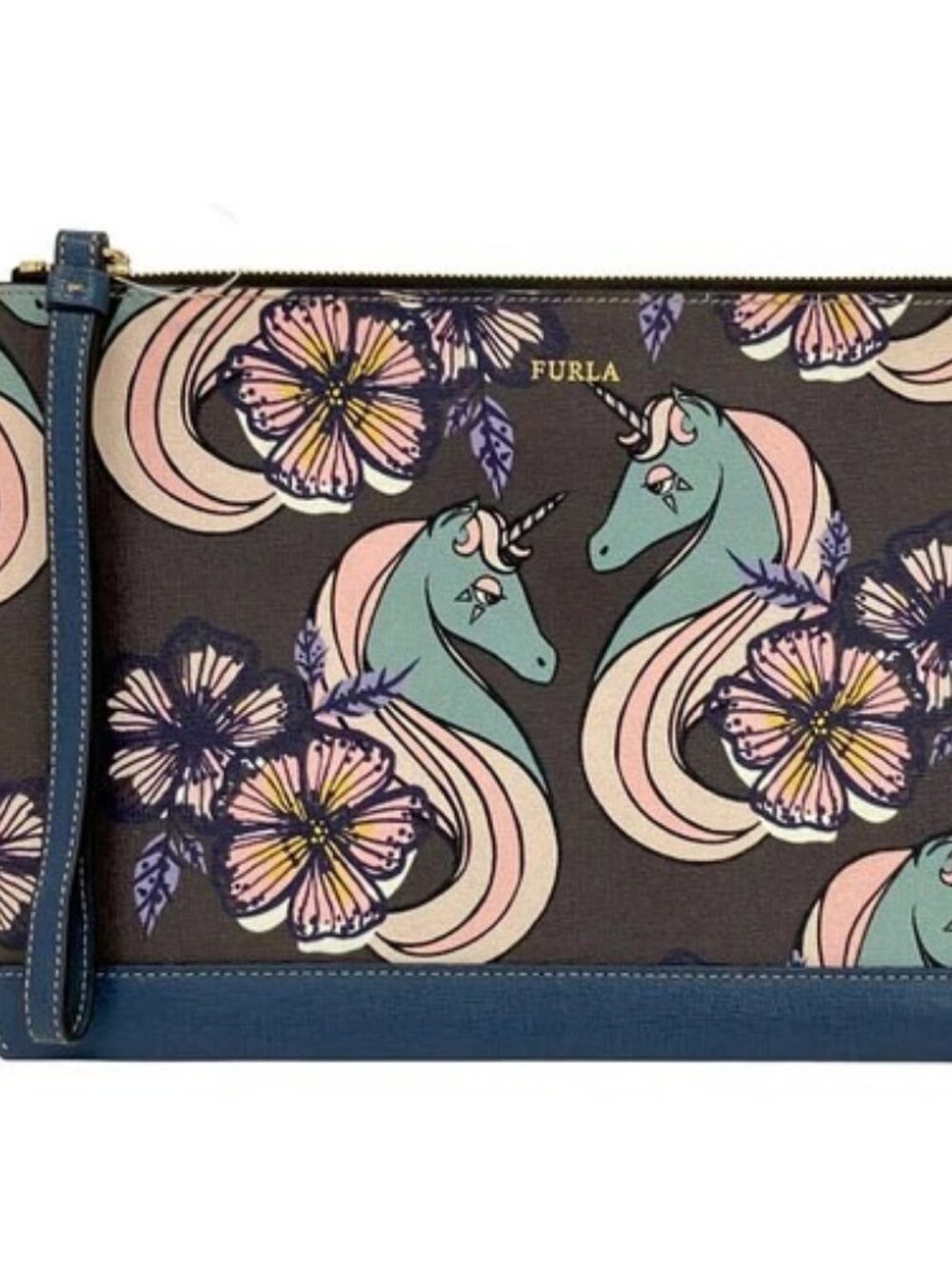FURLA Dark Gray Pink Multi Leather Clutch Bag